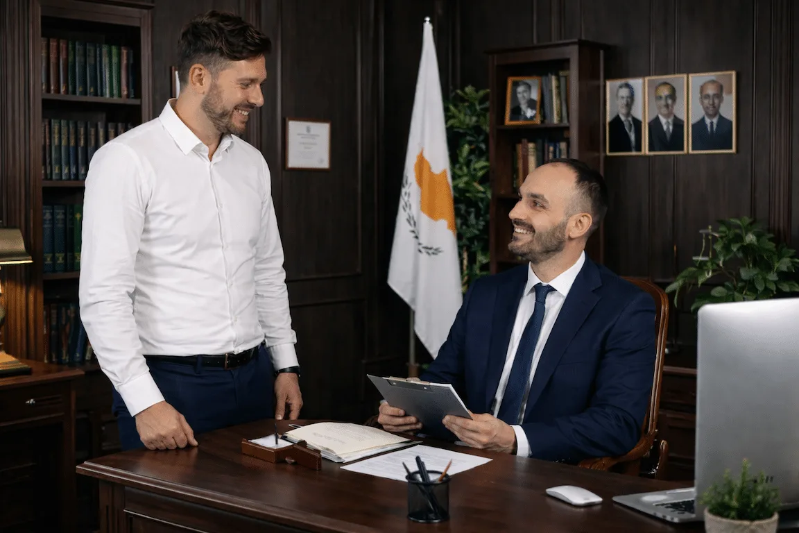 Zwei Männer unterhalten sich in einem Konferenzsaal. Kristian Trpcevski und Charalambos.